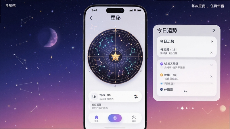 星秘应用主界面预览图,展示星座轮盘与今日运势卡片,背景为星空渐变,主体居中,风格唯美现代,高清渲染