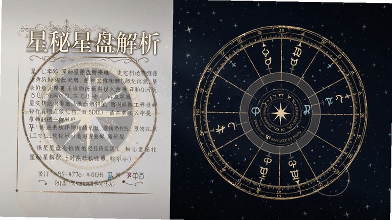 星秘星盘解析页面,展示圆形星盘图表与行星符号,带有详细文字说明,背景为深蓝色星空,金色线条,专业感强