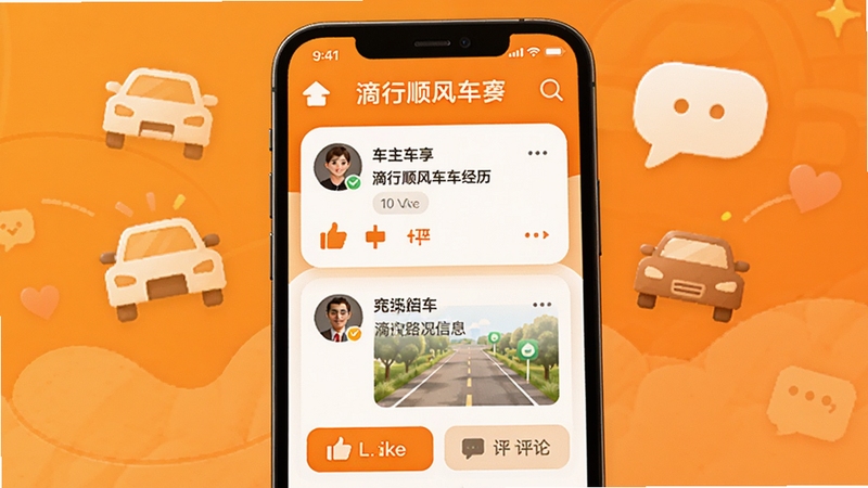 滴行顺风车车主社区互动界面,手机屏幕上显示车主们分享的接单经历和路况信息,有点赞和评论按钮,背景是温暖的橙色色调,配以汽车图标和对话气泡,营造出活跃、友好的车主交流氛围
