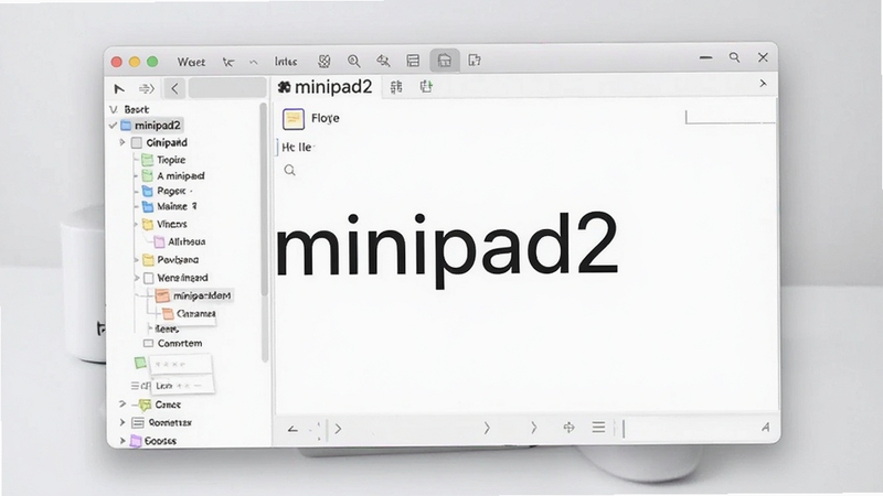 minipad2软件主界面预览图,画面主体为干净整洁的多标签编辑窗口,左侧显示便签列表树,右侧为输入区域,背景为柔和的浅灰色桌面,整体风格简约明亮,突出软件轻巧高效的特点,屏幕中央清晰显示minipad2字样