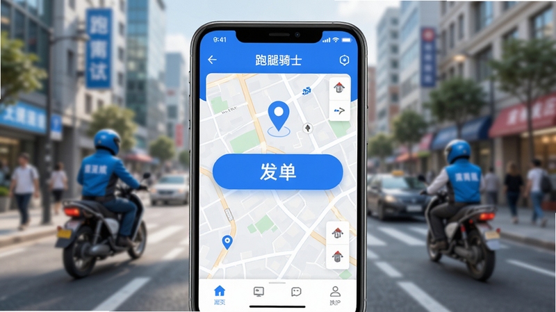 跑腿骑士送达APP主界面预览图,画面中央是发单按钮和地图定位,背景为模糊的城市街道,整体风格清爽明亮,色调以蓝白为主,展示同城配送的便捷场景