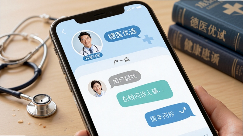 德医优选智能健康咨询功能界面,手机屏幕展示用户输入症状后得到回复的对话页面,上方有医生头像和科室标签,背景为浅蓝色医疗风格,配有听诊器、医学书籍等元素,画面温馨专业,突出在线问诊的便捷性。