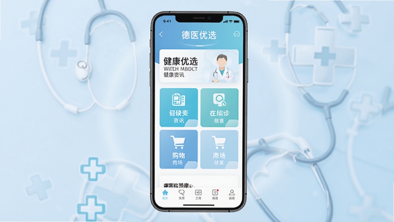 德医优选主界面预览图,展示健康资讯、在线问诊、商城购物等核心功能模块,界面简洁清晰,背景为淡蓝色医疗风格,手机屏幕居中显示,周围有柔和的光晕与医疗十字图标装饰,整体色调清新专业,适合作为医疗健康类应用展示图。