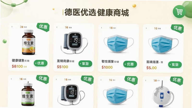 德医优选健康商城页面,展示各类健康商品卡片,包括维生素瓶、血压计、口罩等,商品排列整齐,背景为暖白色搭配绿色点缀,购物车图标与优惠标签清晰可见,整体风格干净明亮,体现商城购物的便利与可靠。