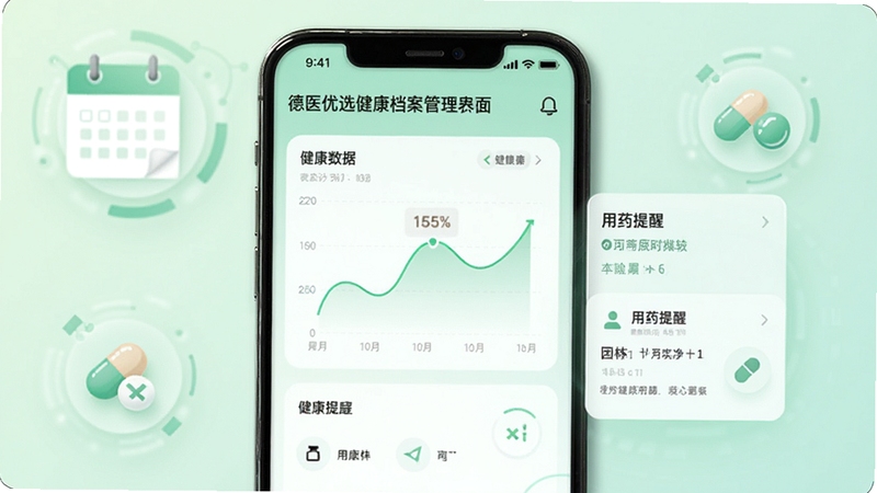 德医优选健康档案管理界面,手机屏幕显示健康数据折线图与用药提醒卡片,背景为淡绿色科技感风格,有日历、药丸等图标,整体设计简洁,突出数据可视化与智能提醒功能。