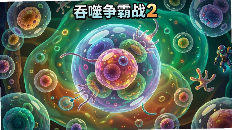 吞噬争霸战2游戏主界面预览图,画面中央是一个巨大的彩色细胞球体,背景是充满活力的液体细胞池,周围散布着大小不一的其他细胞,整体色调明亮鲜艳,细节丰富,展现吞噬进化的核心玩法