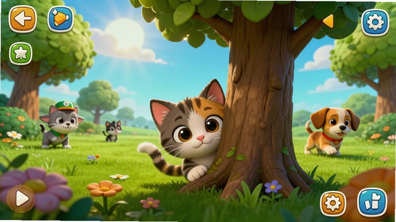 勇敢躲猫猫游戏主视觉图,卡通风格,一群可爱的小动物角色在色彩鲜艳的户外场景中玩捉迷藏,画面中央一只小猫躲在树后探出头,远处另一只小狗正在四处寻找,阳光明媚,草地树木细节丰富,游戏UI界面元素点缀四周,整体活泼生动,高清渲染,竖版构图,适合手机游戏宣传图