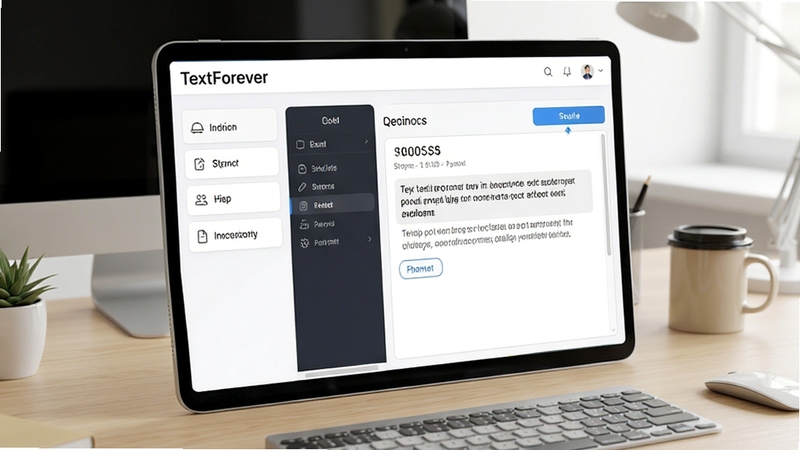 TextForever 主界面预览图,展示其简洁的功能分区和文本处理工作区,背景为干净的浅色办公桌面,整体风格专业且现代