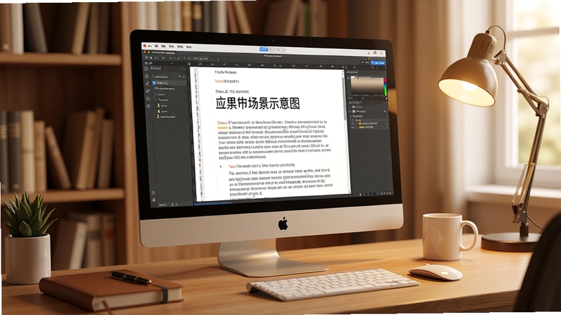 TextForever 软件应用场景示意图,展示在电脑上处理文本的整洁办公环境,屏幕中清晰显示软件界面,背景为暖色调的书房