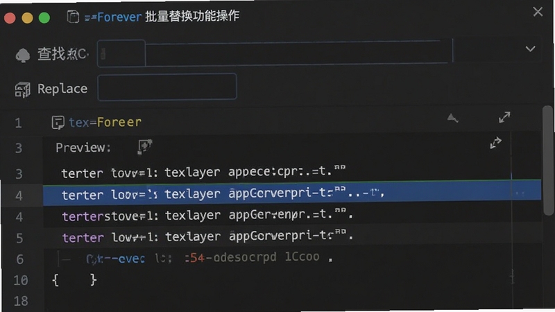 TextForever 批量替换功能操作截图,界面显示查找和替换字段,下方预览列表高亮显示将要替换的文本行,背景为深色代码编辑器风格
