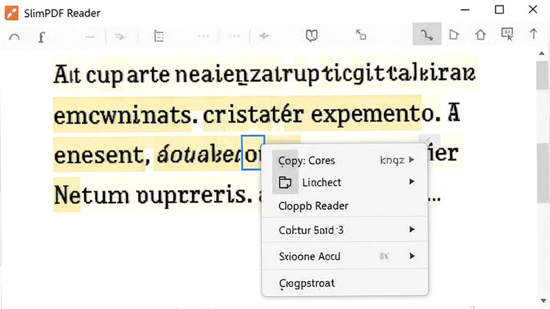 一张SlimPDF Reader软件中鼠标选中一段文字后弹出复制菜单的截图,文字高亮显示,菜单简洁,背景是PDF文档页面,突出软件文本选择功能的易用性和准确性,画面清晰