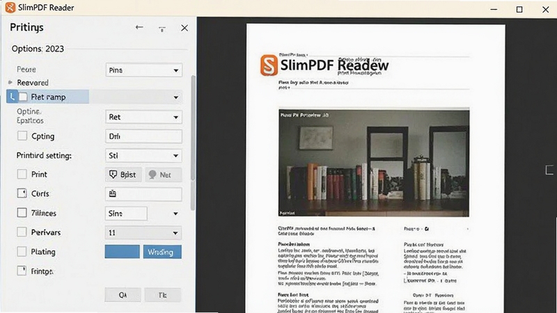 展示SlimPDF Reader打印预览界面的截图,左侧为打印设置选项,右侧为文档预览效果,界面清晰,设置项简洁,背景为白色,突出软件打印功能专业且易于操作