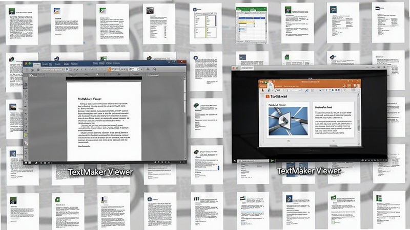 TextMaker Viewer 打开多个不同格式文档的预览图,包括文字处理、电子表格和演示文稿,背景为平铺的文档缩略图,展示其强大的格式兼容性