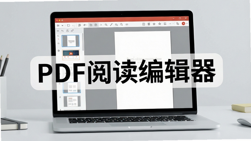 现代办公桌上摆放着一台笔记本电脑,屏幕显示PDF阅读编辑器的主界面,界面整洁清晰,左侧是缩略图栏,右侧是文档预览区,背景为浅灰色调,整体画面明亮,突出软件的专业性与易用性,画面中央带有“PDF阅读编辑器”的软件名称字样,风格为扁平化UI设计,高清渲染