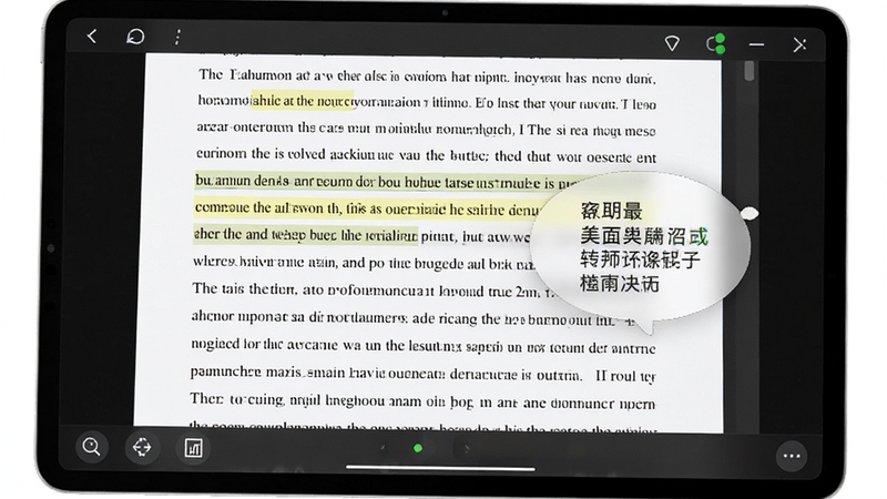 PDF阅读编辑器在平板电脑上展示夜间护眼模式,屏幕显示一篇英文PDF文档,文字被高亮选中并弹出中文翻译气泡,背景为深色护眼界面,界面底部有缩放与视图切换按钮,画面细腻,突出软件的多端适配与阅读辅助功能,整体色调柔和,高清数字艺术风格