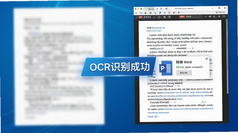 一张对比图,左侧是纸质扫描文档的模糊扫描件,右侧是经过PDF阅读编辑器OCR识别后的清晰可编辑文本,并显示转换为Word文档的成功提示框,背景为简洁的科技蓝渐变,画面中心带有“OCR识别成功”的标识,突出软件的智能转换能力,高清数字渲染风格