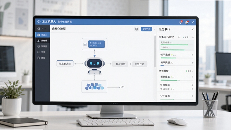 友友机器人软件主界面预览图,展示清晰的自动化流程编辑区域与任务运行状态面板,背景为现代化办公桌面环境,整体风格简洁明亮,突出软件核心的自动化编排功能