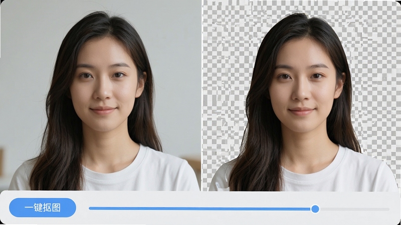 一键改图智能抠图功能演示截图,左侧为原始照片,右侧为抠图后的透明背景效果,人物边缘细节保留完整,界面底部显示“一键抠图”按钮和进度条,背景为干净的浅灰色工作台,整体画面展示AI技术的便捷性,色彩自然,无多余文字。