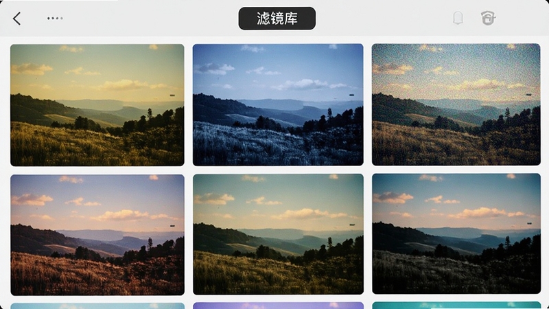 一键改图滤镜特效展示,一张普通风景照片应用了多种滤镜效果,屏幕上以网格形式展示不同风格的预览图,包括复古黄、冷色调、胶片颗粒感等,界面顶部有“滤镜库”标签,整体画面色彩丰富,风格鲜明,无文字遮挡。