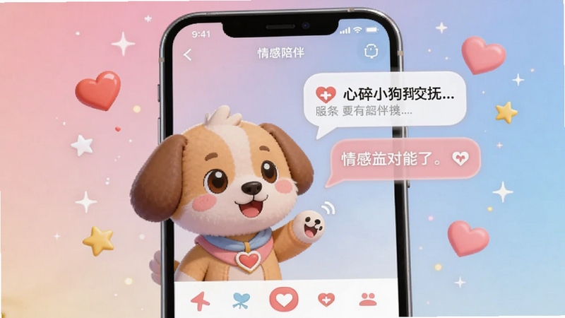 心碎小狗情感陪伴功能展示图,手机界面显示小狗角色正在发送暖心对话气泡,背景是渐变粉色与淡蓝色,周围有爱心和星星特效,体现情绪安抚与互动陪伴