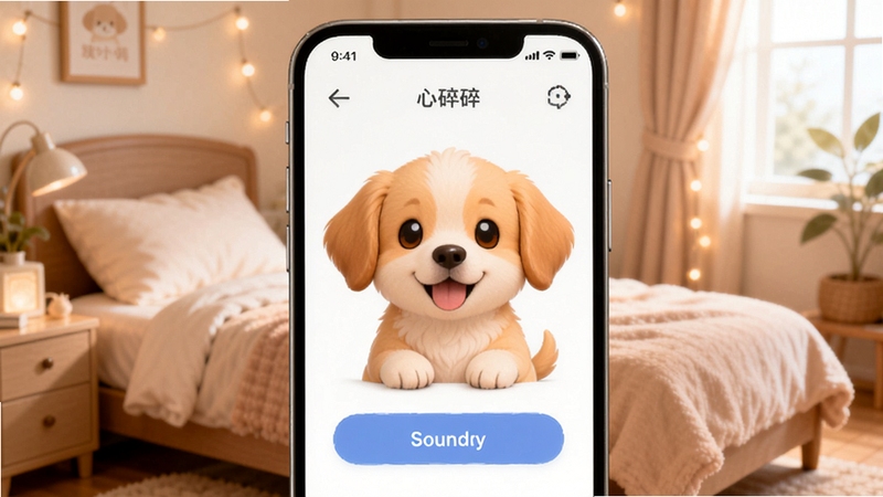 心碎小狗软件主界面预览图,一只可爱的小狗形象出现在手机屏幕中央,背景是温馨的卧室场景,整体色调柔和治愈,画面明亮清晰,突出陪伴感与情感互动氛围
