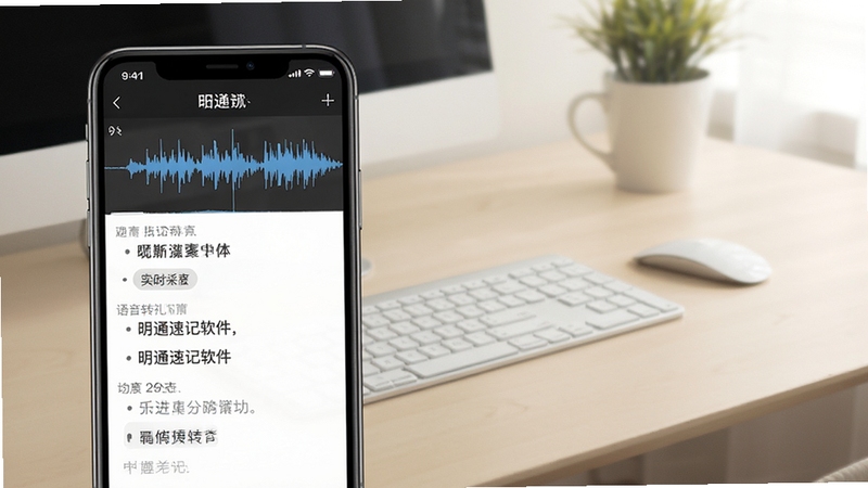 明通速记软件主界面预览图,手机屏幕显示录音波形与实时转写文字列表,背景为浅色办公桌面,界面简洁现代,突出语音转文字核心功能