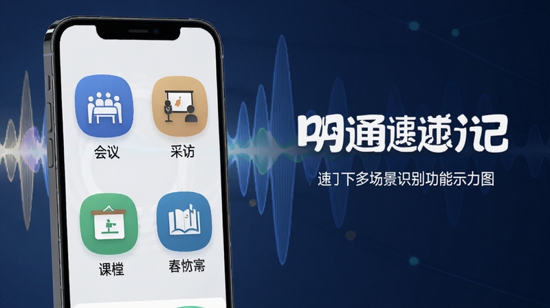 明通速记多场景识别功能示意图,手机屏幕显示多个场景图标(会议、采访、课堂等),背景为抽象声波图形,强调不同场景下的识别优化能力