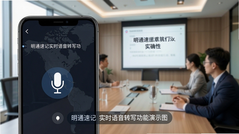 明通速记实时语音转写功能演示图,手机界面显示麦克风图标与正在滚动的文字流,背景为会议室场景,突出实时转换速度与准确性