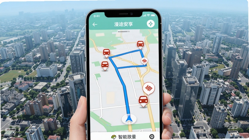 漫途安享智能路线规划功能示意图,画面展示手机屏幕上的地图导航界面,路线以蓝色线条标注,周围有交通流量标识,背景为城市俯瞰图,色调清晰明亮,突出智能规划与便捷出行
