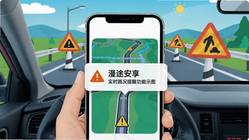 漫途安享实时路况提醒功能示意图,画面展示手机屏幕上弹出的路况预警通知,背景为驾驶员视角的公路场景,前方有警示标志,色调鲜明,突出安全提醒与实时守护