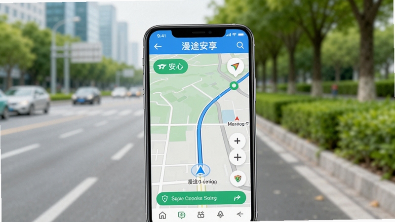 漫途安享应用主界面预览图,画面中央是一部智能手机,屏幕显示漫途安享的导航地图界面,背景是模糊的城市道路与绿植,整体色调清新明亮,突出出行与安心的氛围,构图简洁,适合应用商店展示
