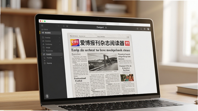 画面主体为爱博报刊杂志阅读器在笔记本电脑屏幕上展示高清报刊版面的界面特写,背景为简约书房,书架隐约可见,整体色调温暖明亮,突出软件界面清晰与阅读舒适感,采用写实风格,细节丰富,光线自然