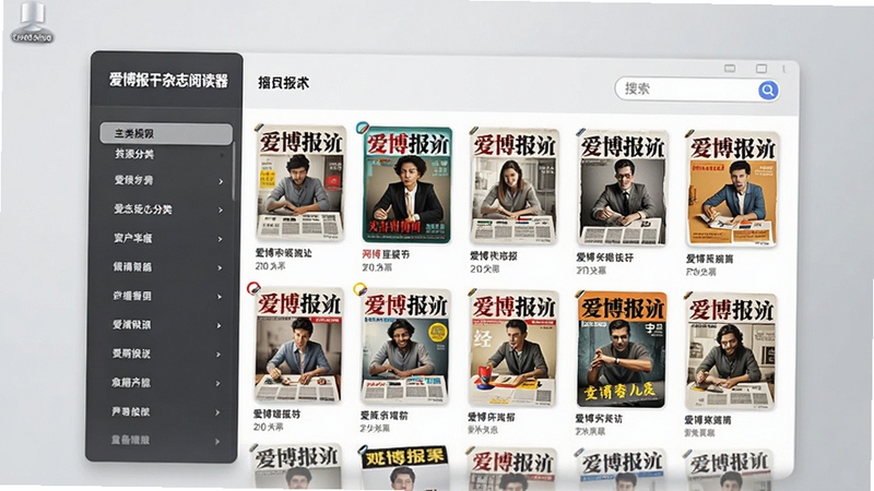 爱博报刊杂志阅读器主界面展示报刊分类列表与搜索框,左侧为分类导航栏,右侧为刊物封面缩略图,背景为浅灰色电脑桌面,界面设计简洁现代,突出资源丰富与分类清晰,采用产品展示风格,色彩明快