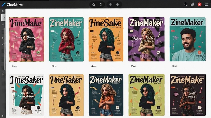 ZineMaker软件模板选择界面,展示多套不同风格的精美杂志模板缩略图,色彩丰富,界面清晰