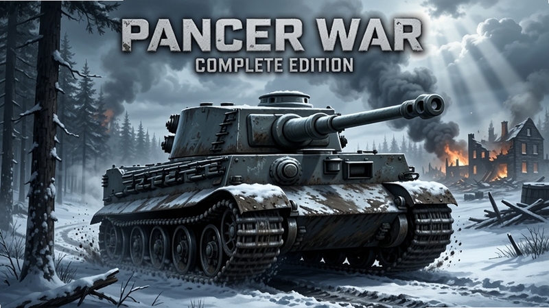 Panzer War Complete Edition游戏主视觉图,画面中央是一辆德军虎式坦克在雪地森林边缘行驶,车体泥泞细节清晰,背景是硝烟弥漫的战场与燃烧的建筑物,整体采用冷色调写实风格,光线从云层缝隙洒落,突显坦克金属质感和战争氛围,适合作为游戏宣传封面