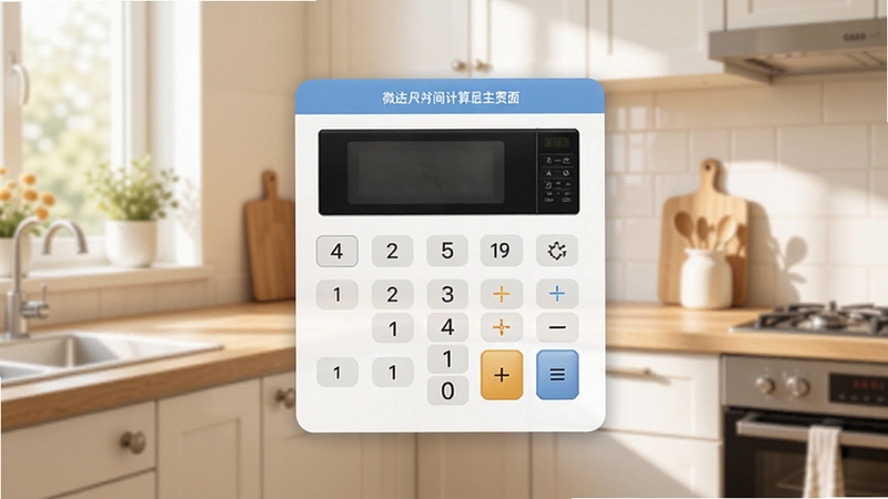 微波炉时间计算器主界面预览图,画面中心展示简洁的计算器操作面板,背景为温馨的现代厨房一角,浅色调,明亮的自然光,突出软件界面清晰易用的特点