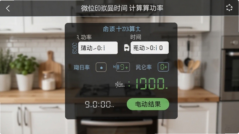 微波炉时间计算器功率换算界面截图,画面展示输入功率和时间后自动计算结果的界面,背景虚化厨房环境,强调计算过程的精准与高效