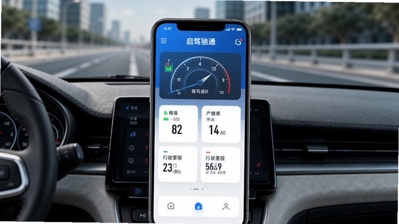 启驾驰通APP主界面展示,画面中央是一辆现代轿车的中控台,手机屏幕显示启驾驰通的仪表盘界面,包含电池电压、胎压、行驶里程等数据卡片,背景为模糊的城市道路,整体色调科技蓝与深灰,光影细腻,设备为智能手机,竖屏构图,UI设计简洁现代,高清渲染图