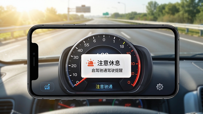 启驾驰通驾驶辅助提醒界面,手机屏幕显示一个模拟仪表盘,有速度指针,中间弹出“注意休息”的提醒卡片,背景为高速公路场景,光线明亮,UI设计醒目,色彩鲜明,突出安全提示功能,高清展示