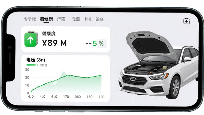 启驾驰通电瓶监测功能界面截图,手机屏幕显示电池健康度百分比、电压曲线图,绿色健康标识,旁边有车辆前引擎盖打开的插图,背景为简洁的浅灰色,数据可视化风格,清晰易读,UI设计专业,色彩搭配和谐,高清展示