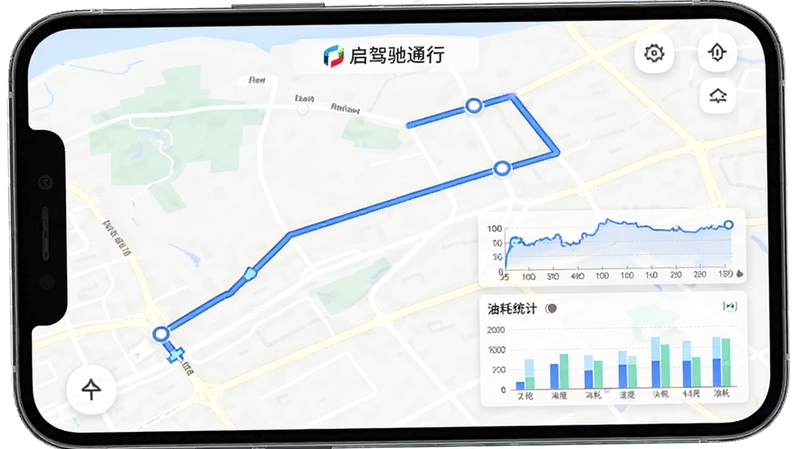 启驾驰通行车记录页面,展示详细的行车轨迹地图,蓝色路线线条,右下方有速度曲线图和油耗统计柱状图,手机界面风格,背景为淡色地图,整体简洁明亮,数据可视化效果,突出启驾驰通品牌,高清渲染