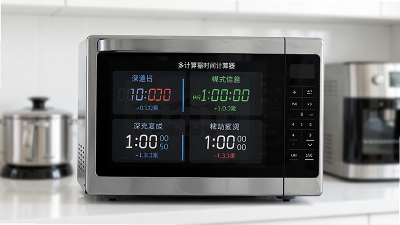 微波炉时间计算器多模式计时器界面,展示多个倒计时任务同时运行的效果,背景为模糊的厨房电器,画面明亮,突出计时功能的实用与可靠