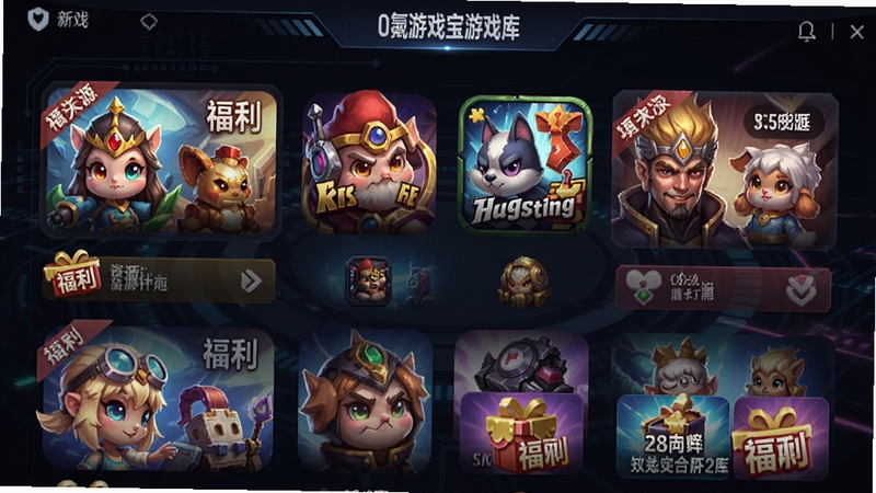 0氪游戏宝游戏库界面,屏幕上展示多款游戏图标和福利标签,画面色彩丰富,背景为深色科技感风格,突出资源丰富和福利多,高清数字绘画