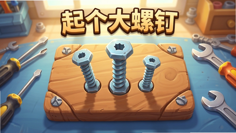 起个大螺钉游戏主界面预览图,画面中央是一块木质面板上嵌着几颗大小不一的螺钉,周围散落着螺丝刀、扳手等工具,背景为明亮的工作台,整体风格卡通写实结合,色彩温暖,光影自然,突出游戏名称“起个大螺钉”的标题字样,画面细节丰富,适合作为游戏宣传图