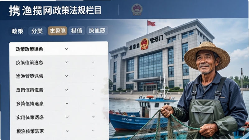 携渔揽网政策法规栏目界面,显示政策列表和分类标签,背景有渔业管理部门大楼和渔民形象,风格正式稳重,突出权威性与实用价值