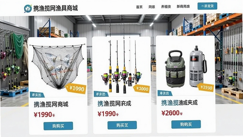 携渔揽网渔具商城界面,展示各类渔网、鱼竿、养殖设备等商品,有价格标签和购买按钮,背景为现代渔具店或仓库,画面明亮清晰,突出商品细节