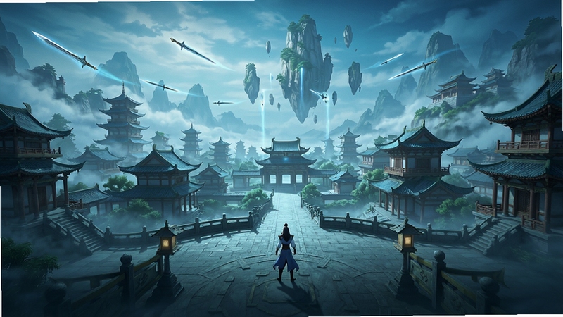 大梦仙途游戏主城全景图,仙雾缭绕的古典建筑群,玩家角色站在中央广场,远处有悬浮山和飞剑光影,整体色调偏青蓝,电影级光影,8K超清,游戏原画风格