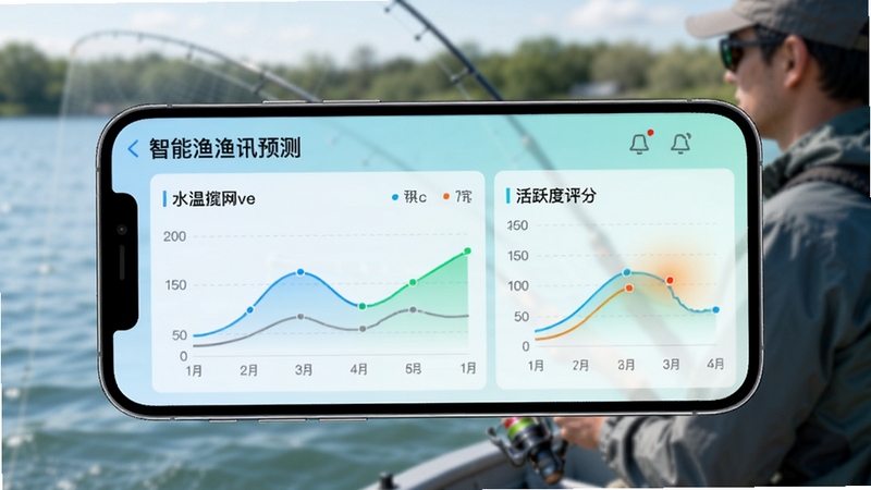 携渔揽网智能渔汛预测界面,显示水温曲线与活跃度评分,手机屏幕特写,背景为模糊的钓鱼场景,色调清新,数据图表清晰,风格科技感。