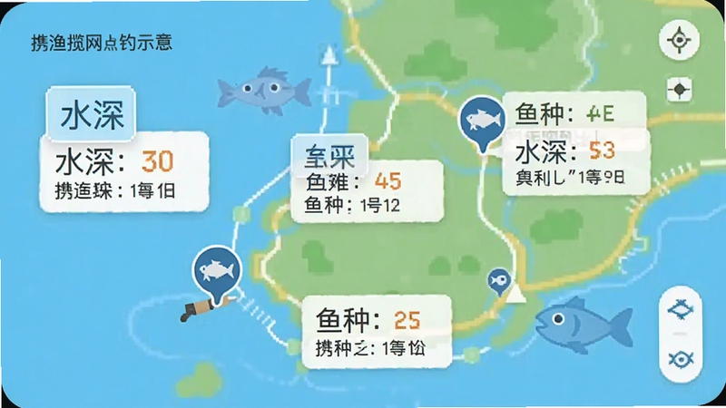 携渔揽网钓点导航功能示意,地图上标注多个钓点图标,包含水深与鱼种信息卡片,背景为简化地图,整体风格简洁,色彩明快,突出位置与数据。