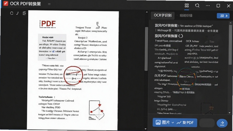 展示旋风PDF转换器的OCR文字识别功能,界面中显示一张扫描版PDF页面,右侧为识别出的可编辑文字,同时显示图片转PDF的操作选项,背景简洁,突出识别的精准性